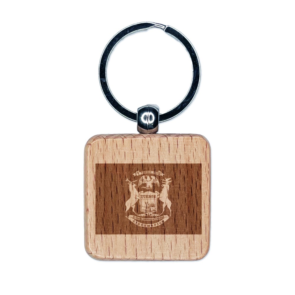 Michigan State Flag Engraved Wood Square Keychain Tag Charm