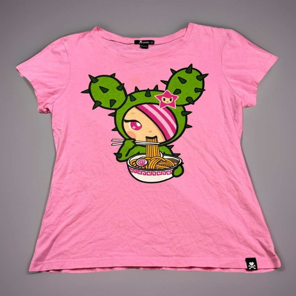 Vintage Y2K Tokidoki Cactus Sandy Eating Ramen T-Shirt Pink Size L Made In USA