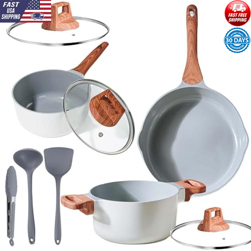 9Pc Ceramic Pans and Pots Nonstick Kitchen Cookware Set Frying Pan and Sauce Pan