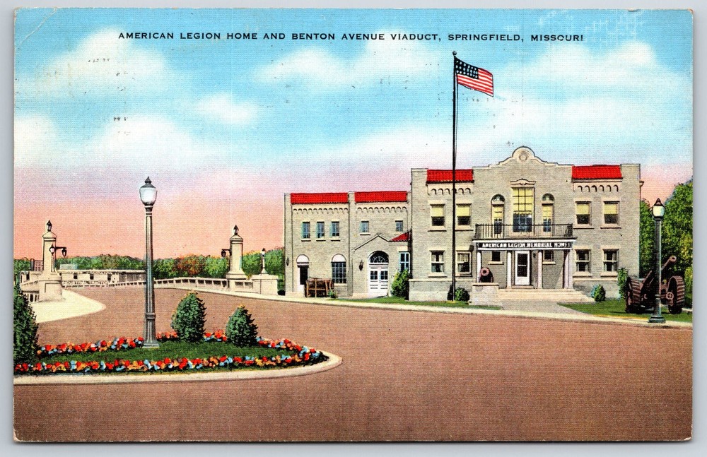 Springfield MO~American Legion Home & Benton Ave Viaduct~PM 1940~Linen Postcard