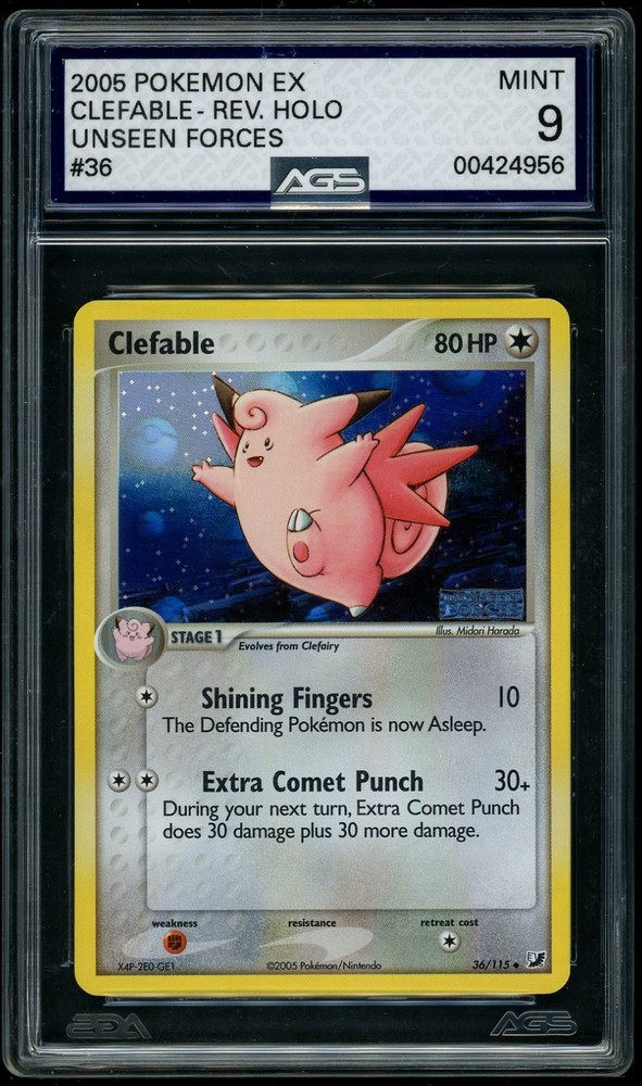 2005 Pokemon Clefable Reverse Holo Unseen Forces #36 AGS 9RCH IS ACCEPTING CONSIGNMENTS! UP TO 95% PAYOUTS!
