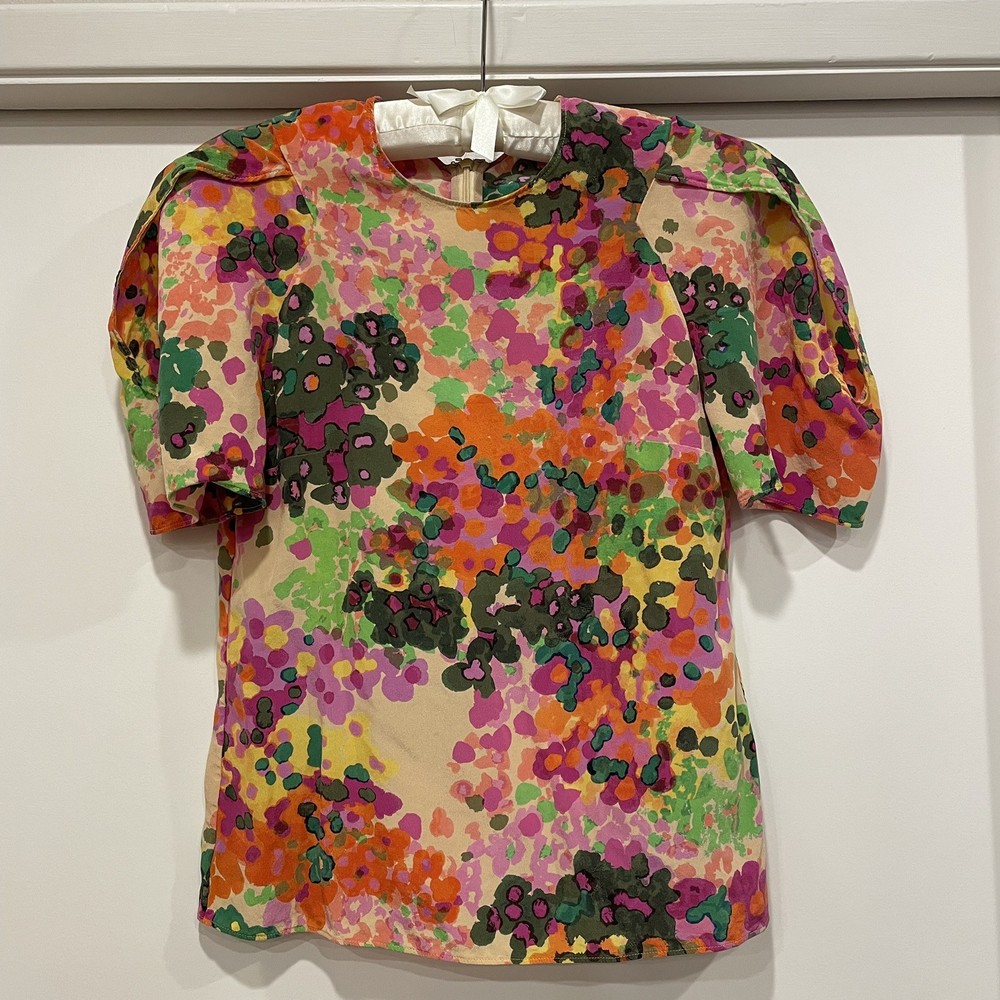 STELLA McCARTNEY Pink & Multi Floral Silk Crepe Short Sleeve Blouse 36