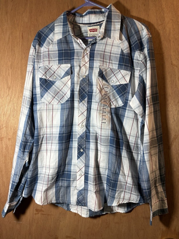 Levi's Blue White Plaid Long Sleeve Button-Up Point Collar Pockets L