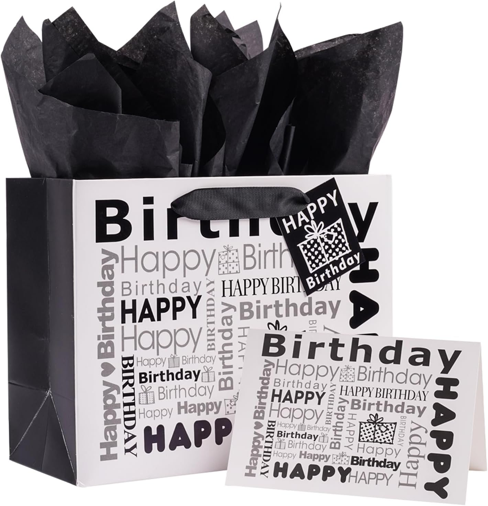 JWSCYSY White and Black Small Gift Bag with Tissue Paper, Happy Bithday Gift Bag