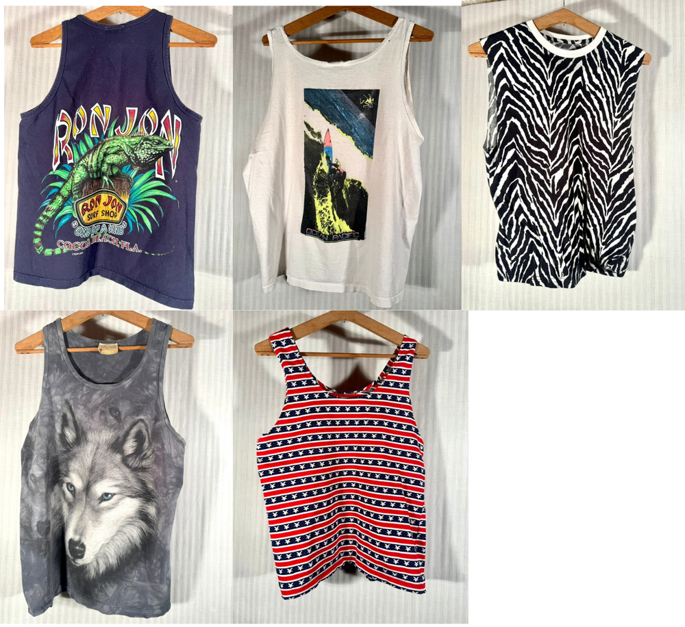 Lot- 5 Tank Top Vtg 80's 90's OP Ocean Pacific, Wolf, USA Flag, Ron Jon Surf