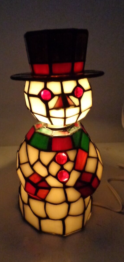 Stained Glass Bobble Head Snowman Christmas Holiday Accent Lamp 10