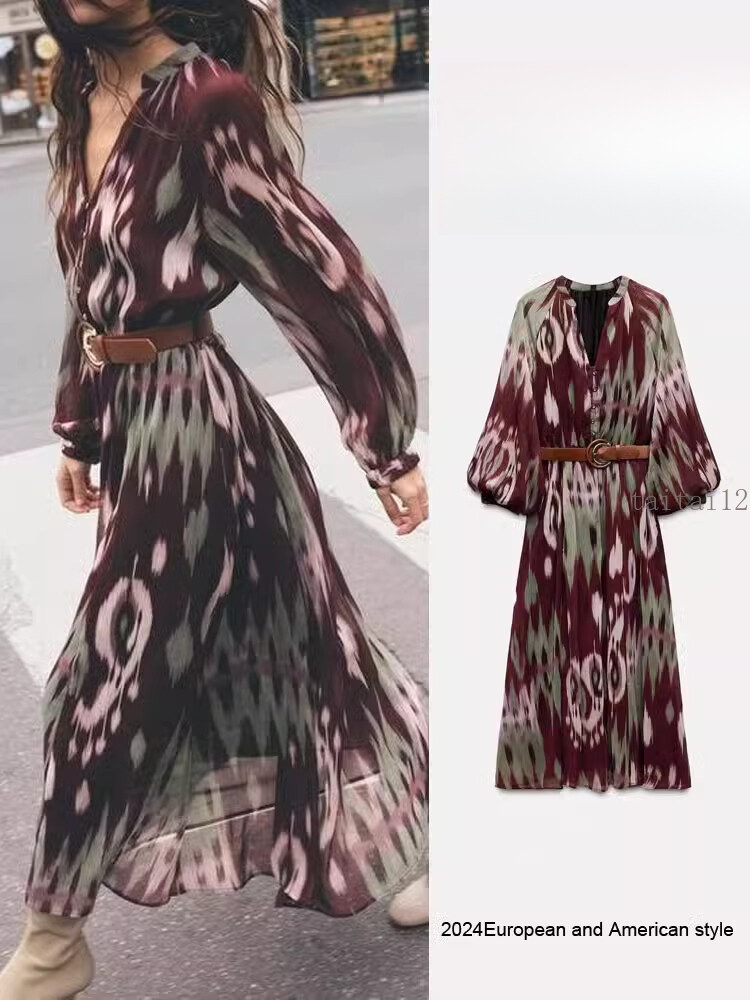 2025 Spring Summer, with Belt, Silk Texture Long Sleeved Dress Maxi Dress