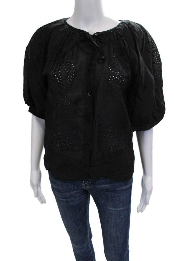 Frame Womens Blouse Black Ramie Round Neck Short Sleeve Button Size XSFree Shipping in US $100+ Orders | $6.95 Orders Below