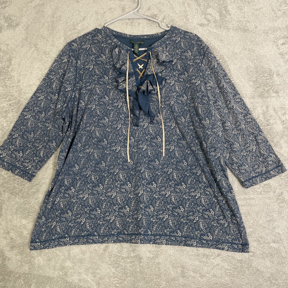 LRL Ralph Lauren Women’s 2X Blue Floral Lace Up Ruffle Tunic Boho
