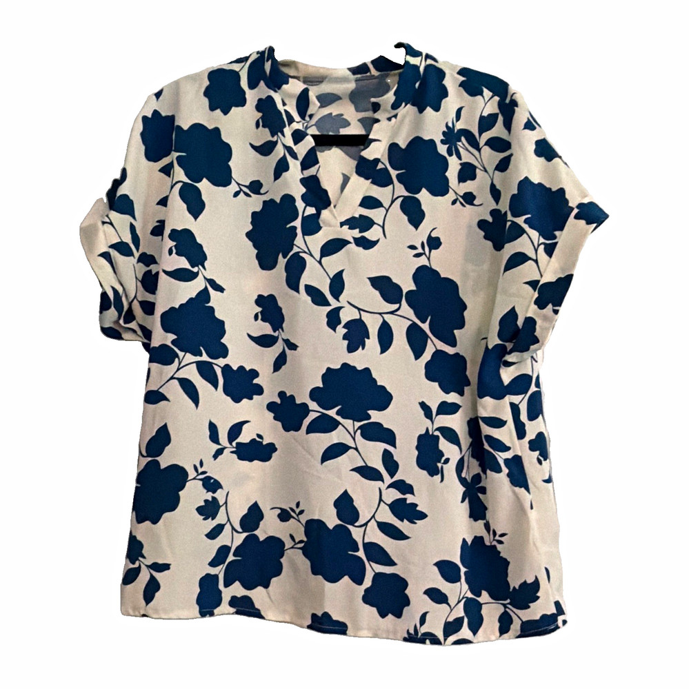 SHEIN Women’s White/Blue Floral V-Neck Cap Sleeve Pullover Woven Blouse XL