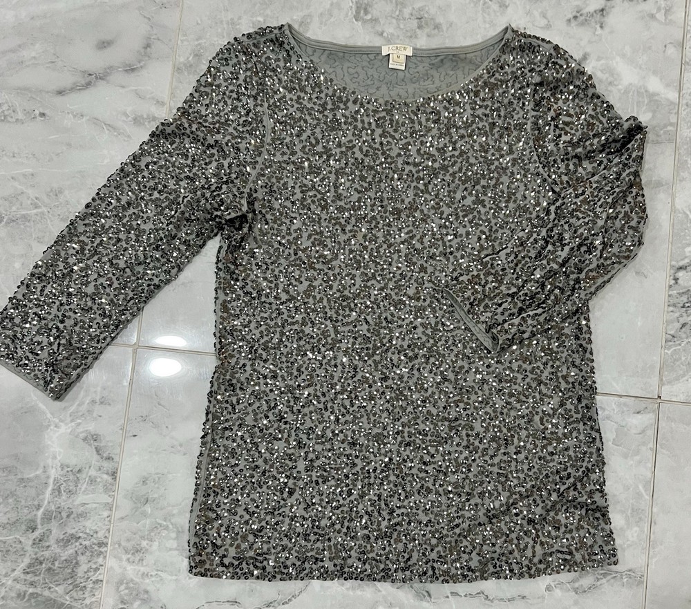 J.CREW Gray Silver Sequin 3/4 Sleeve Round Neck Blouse Women Medium Pullover