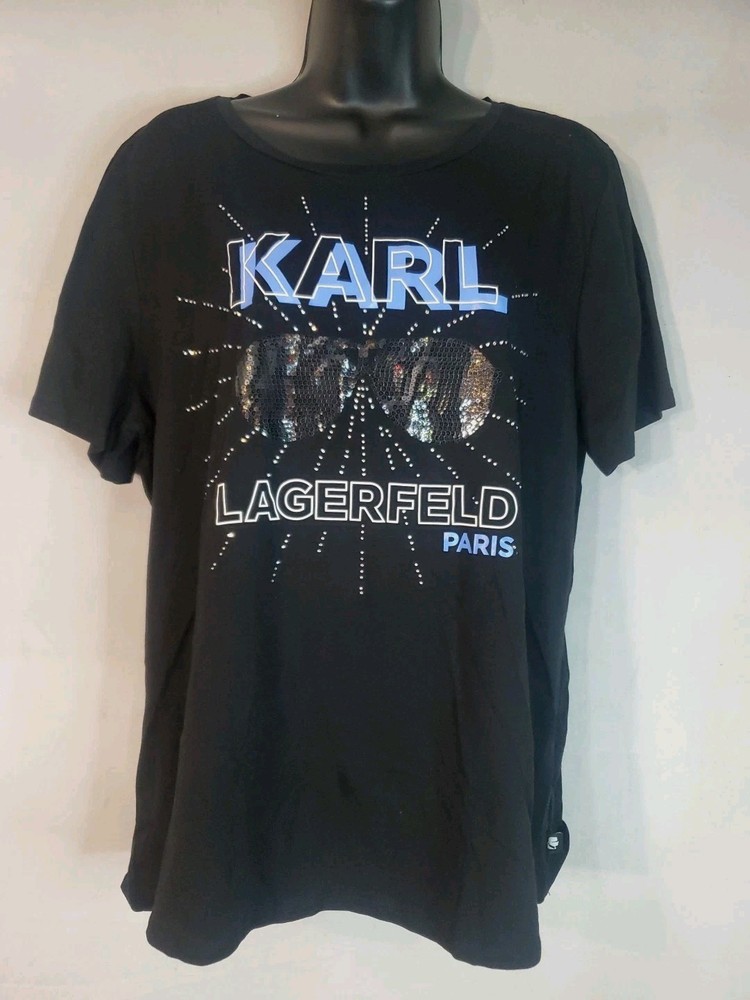 KARL LAGERFELD PARIS Women's Rhinestone Sequin Embellished T-Shirt Black Large