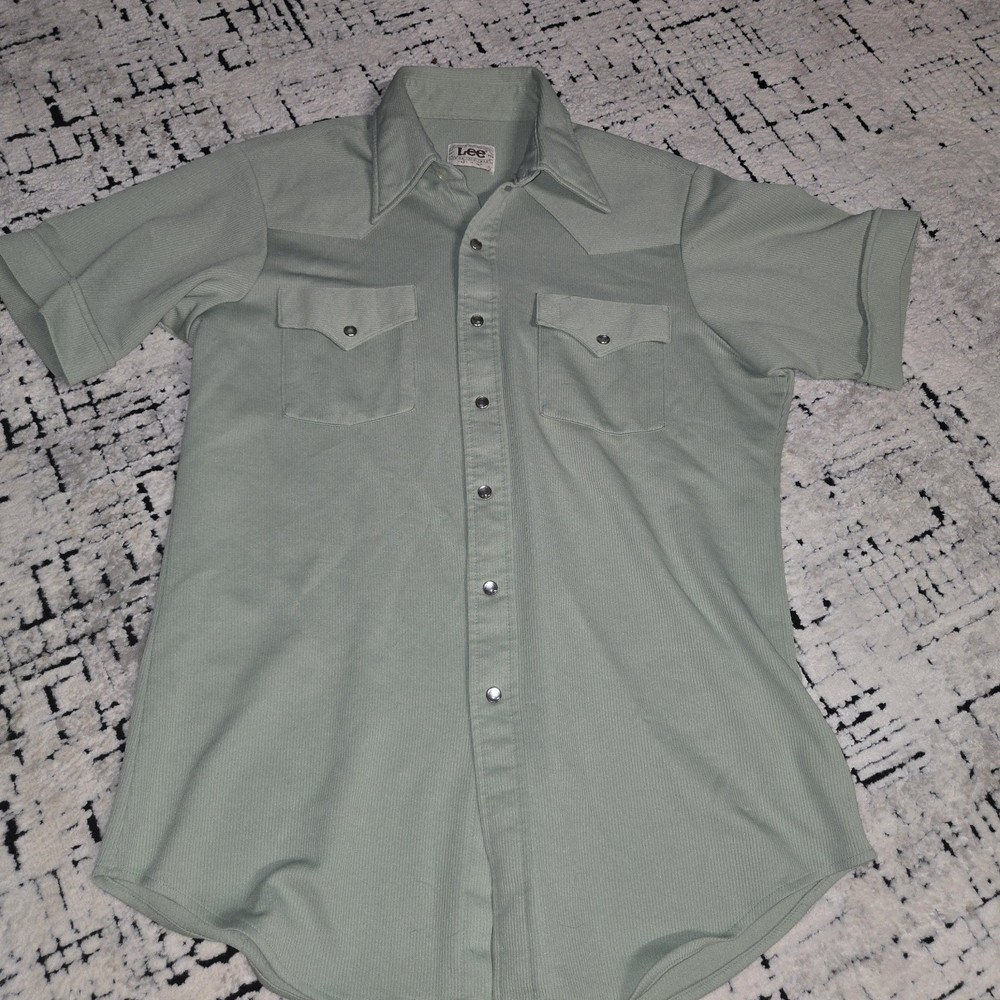 Vintage Mens Lee  Western PEARL SNAP Short Sleeve Button Up Long Tail Mint Green