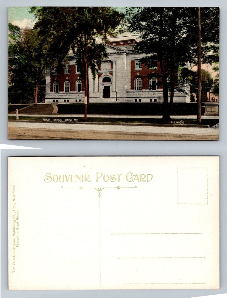 Utica, NY-New York, Public Library Building Tree Lined Street Vintage Postcard