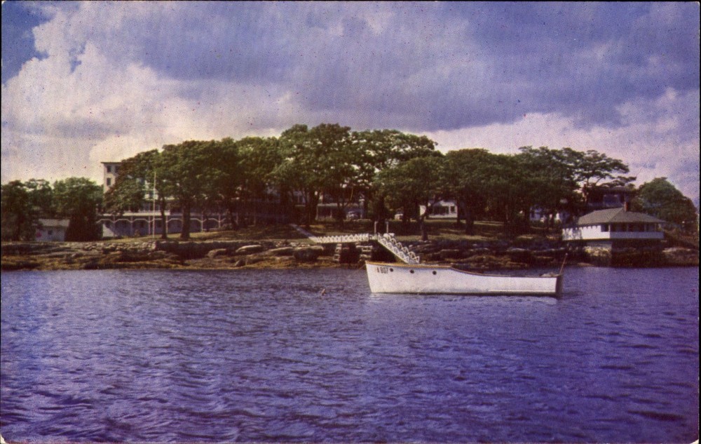 Snug Harbor Boothbay inner harbor Maine boat ~ vintage postcard 1950s