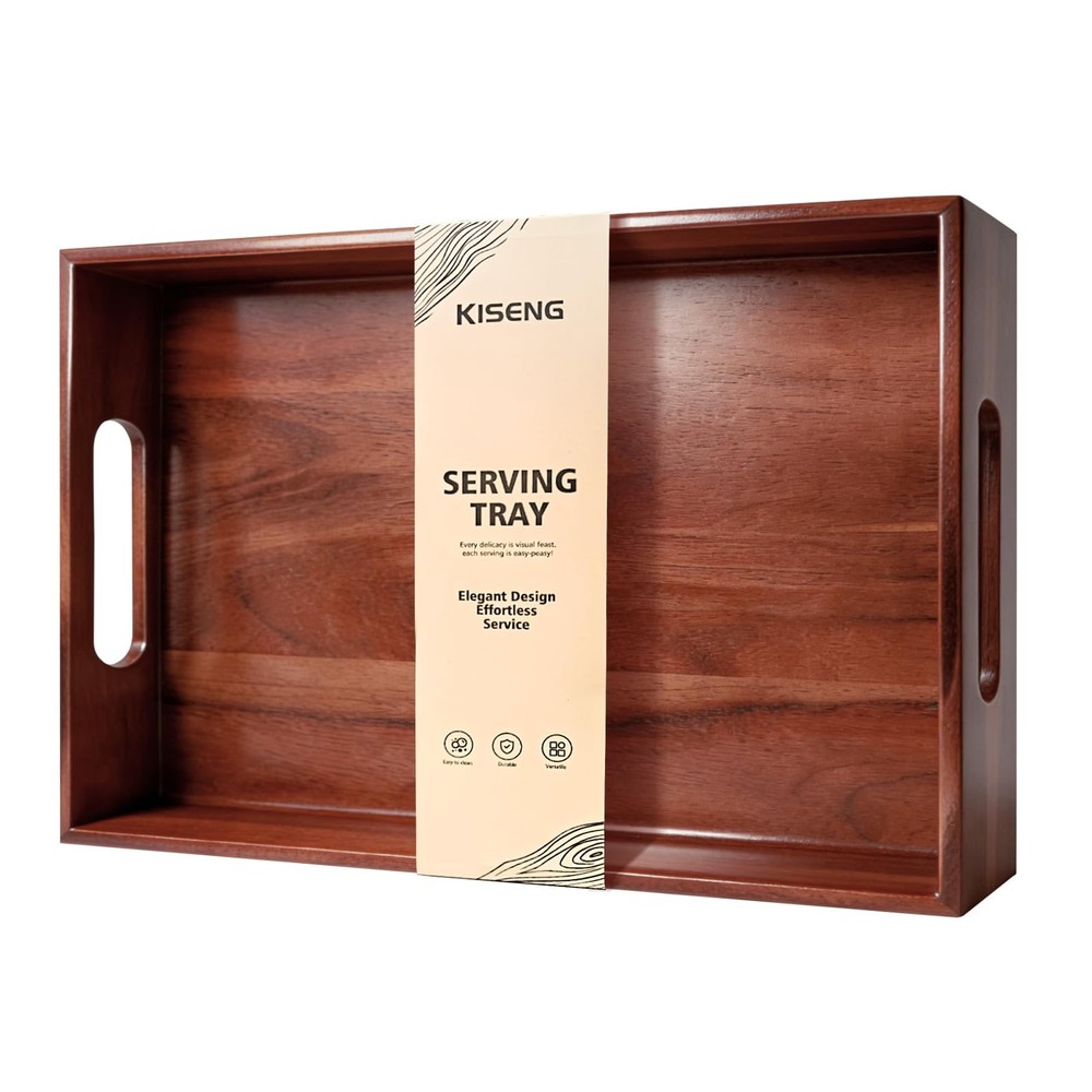 Acacia Wood Serving Tray with Handles, 17 x 12 Inch Large Wooden Tray for Foo...