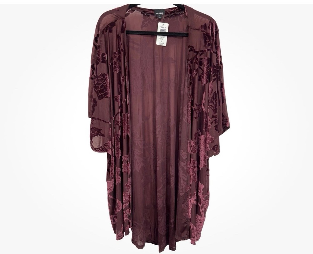 Torrid Kimono Burgundy Floral Long Duster Size 5/6x Plus Size