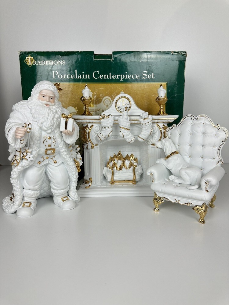 Porcelain Christmas Centerpiece Set Traditions Santa Fireplace White Gold Accent-image