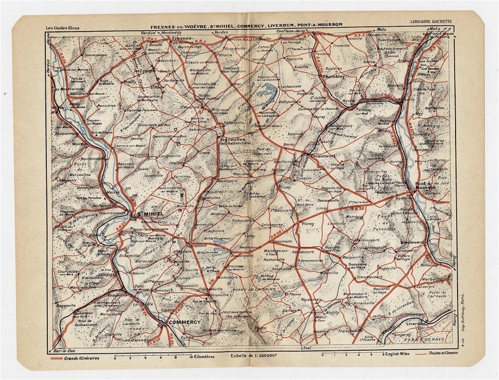 1930 Original Vintage Map Of Vicinity Of Commercy Saint-Mihiel Lorraine / France