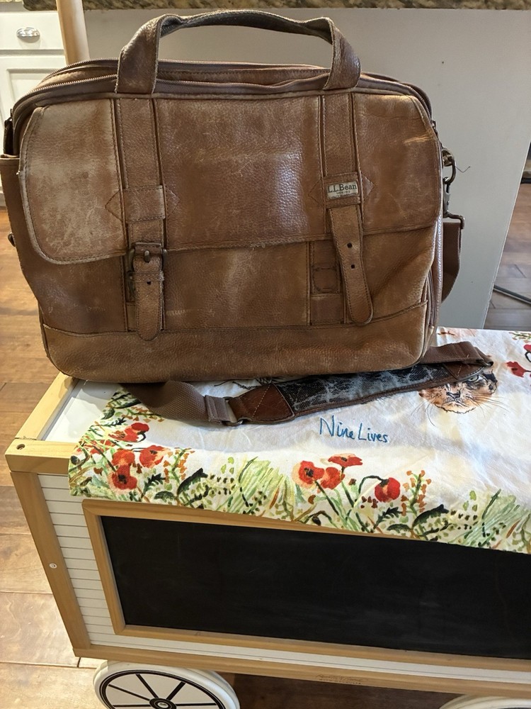 Vintage LL Bean Leather Briefcase Messenger Bag  Brown Rugged Laptop work Bag