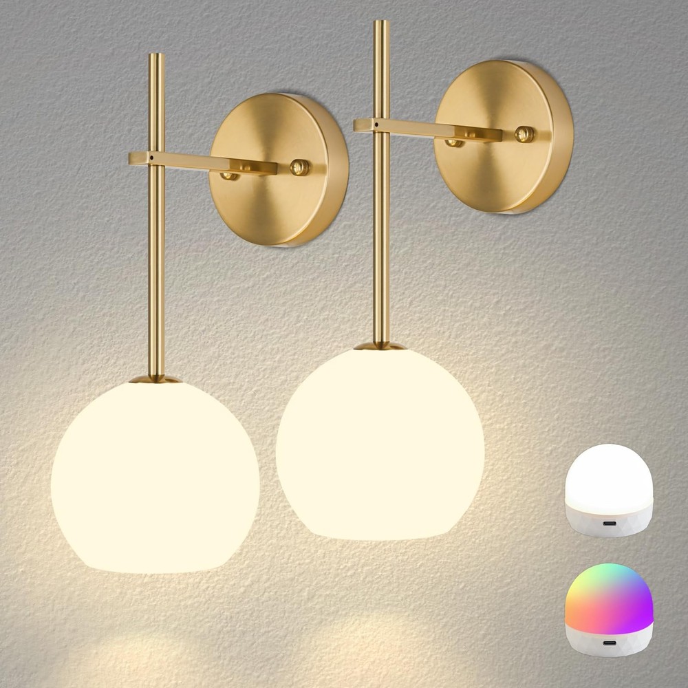 Gold Battery Operated Wall Sconces Set of 2, Rechargeable Wireless Wall Lights w