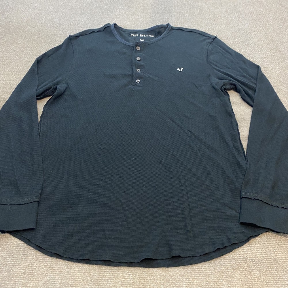True Religion Henley Shirt Mens XL Black Long Sleeve Waffle Knit Casual Pullover