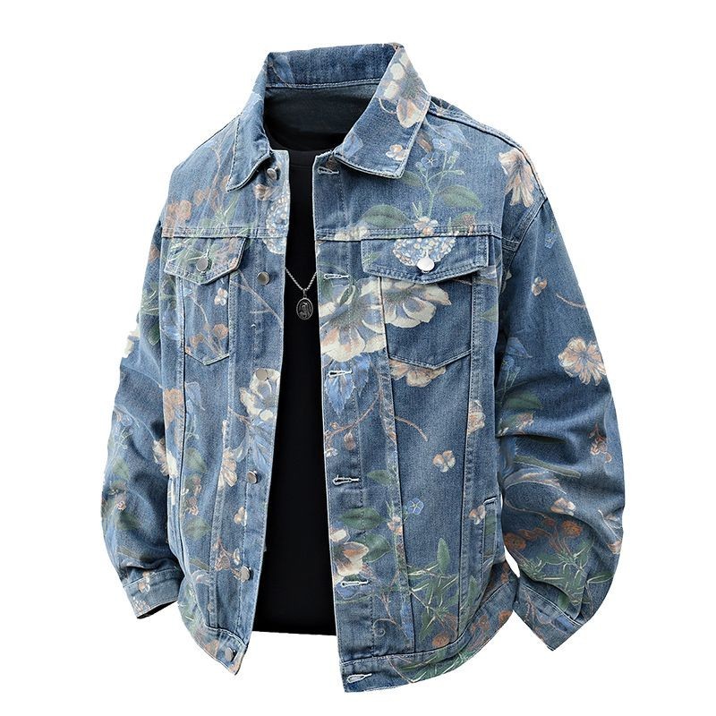 Luxury Men's Floral Denim Jacket Retro High Street Loose Trendy Casual Jean Coat