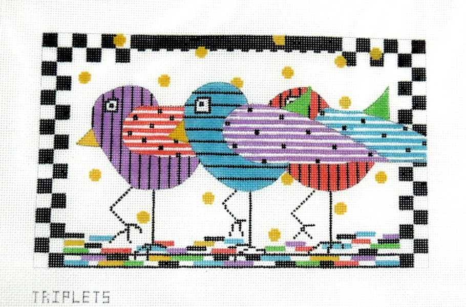 Penny MacLeod Triplets Birds with Check Border Handpainted Needlepoint Canvas