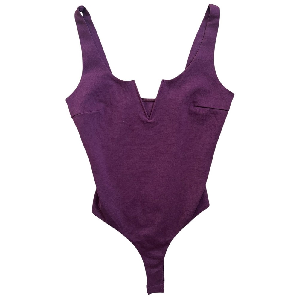 Lulus Purple V Neck Bodysuit Womens S Plum Structured Tank Snap Closure Stretch