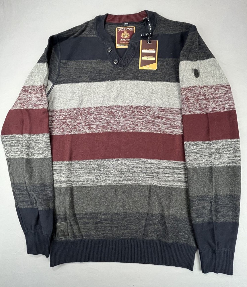 Small Men's Henley Collar Pullover Striped Sweater Point Zero Gray Burgundy