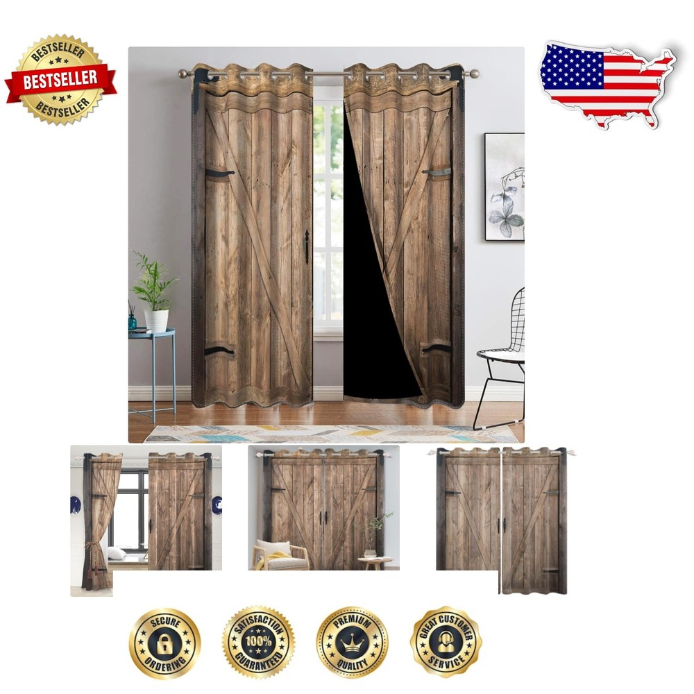 Rustic Blackout Curtains - Vintage Barn Door Design, 53x84 inches, 2 Panels