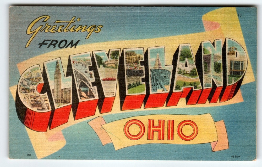 Greetings From Cleveland Ohio 1940's Large Letter City Postcard Linen Vintage