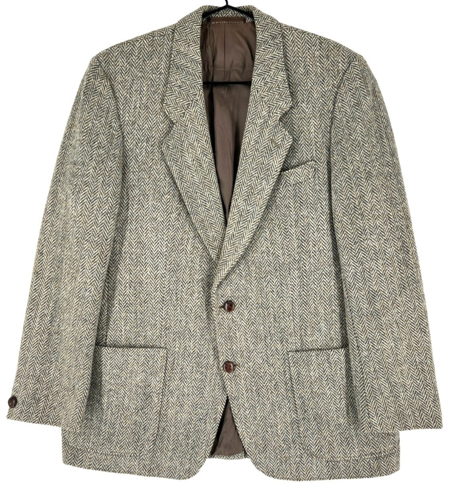 Vintage Harris Tweed Mens Wool Woven Blazer Jacket Size L 44 Gray Tweed Button