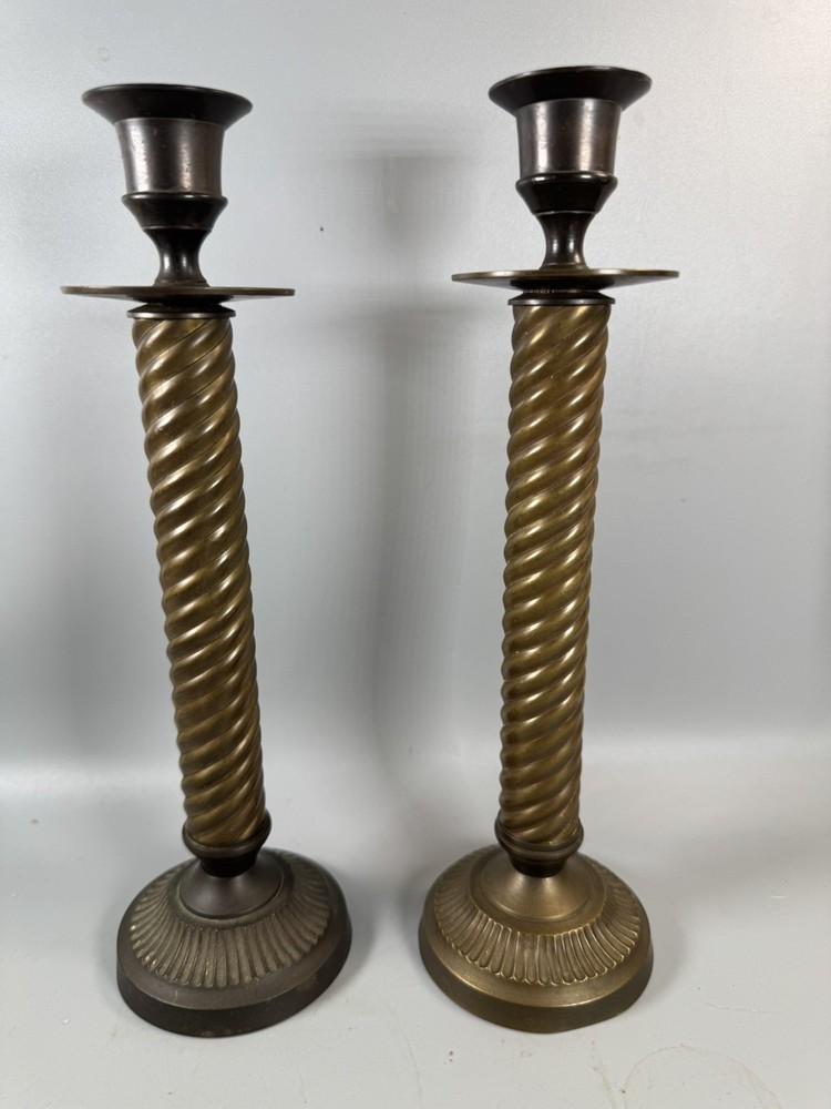 Vintage Brass Candlesticks Pair 10” Twisted Column Made In India