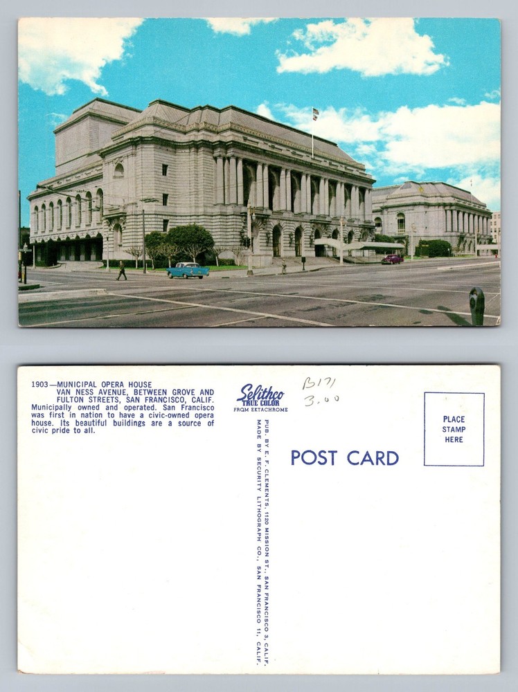San Francisco, CA-California, Municipal Opera House Street View Vintage Postcard