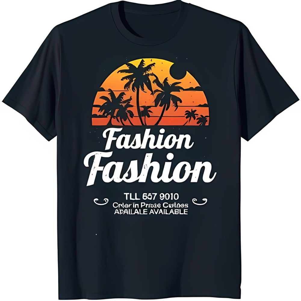 Dark Blue Sunset Trees Graphic Tee 'Fashion Fashion' Print with 667 9010
