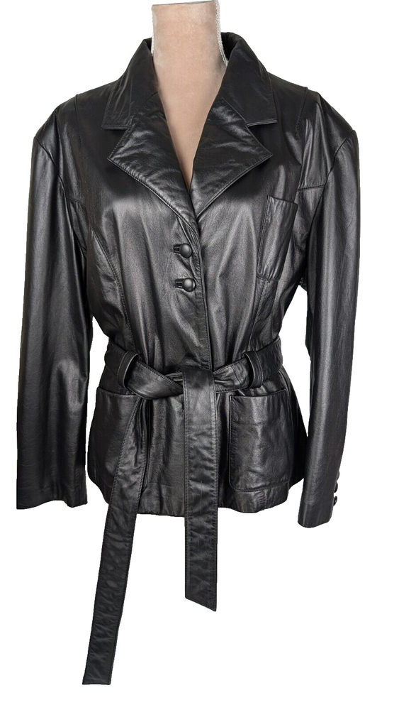 Vintage Wilsons Leather Trench Jacket Womens XL Black Belted Y2K Retro