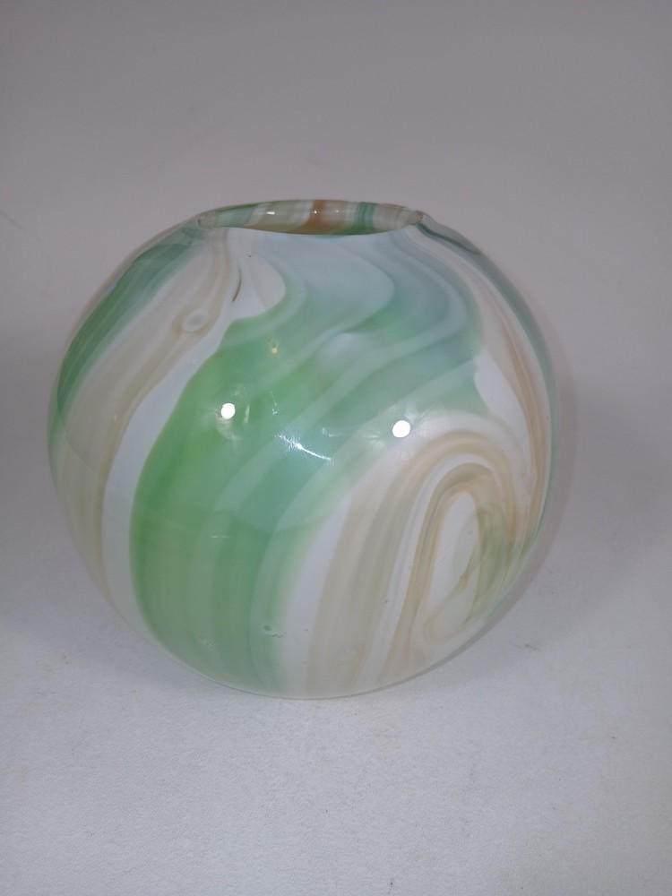 Heavy Art Glass Hand Blown Round Globe Green Swirl Vase 6.5