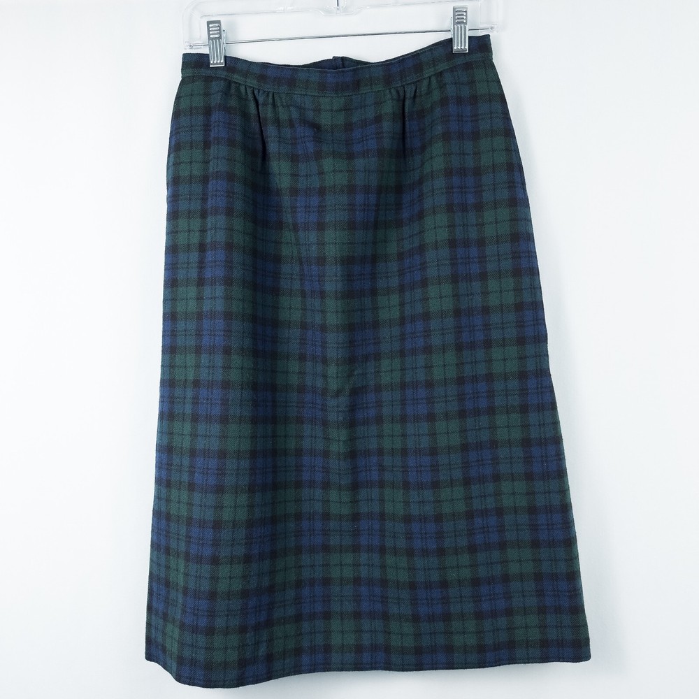 Vintage Pendleton Pure Virgin Wool Tartan Plaid Midi Skirt Size Small Blue Green