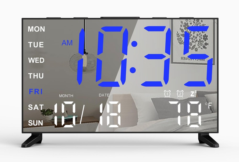 Digital Mirror Alarm Clock with Date, Temp Display & USB Charging  