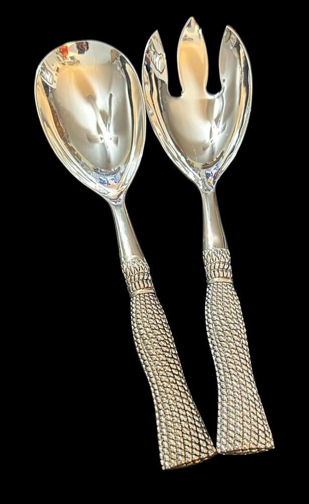 Home Collection Silver Plate Rope Handle Salad Serving Set Fork & Spoon 10”