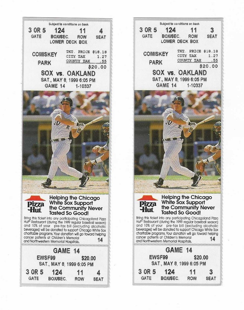 Chicago White Sox vs Oakland A's unused Baseball Tickets from 5/8/1999