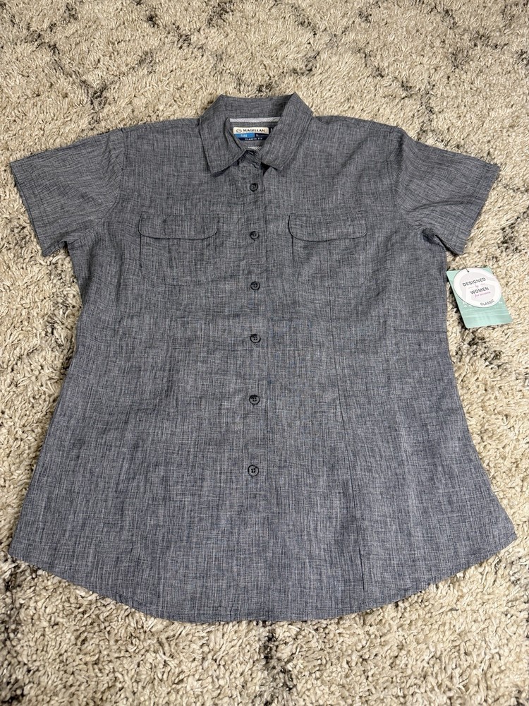Magellan Shirt Womens Large Gray Short Sleeve Button Up Classic Fit Fish Gear