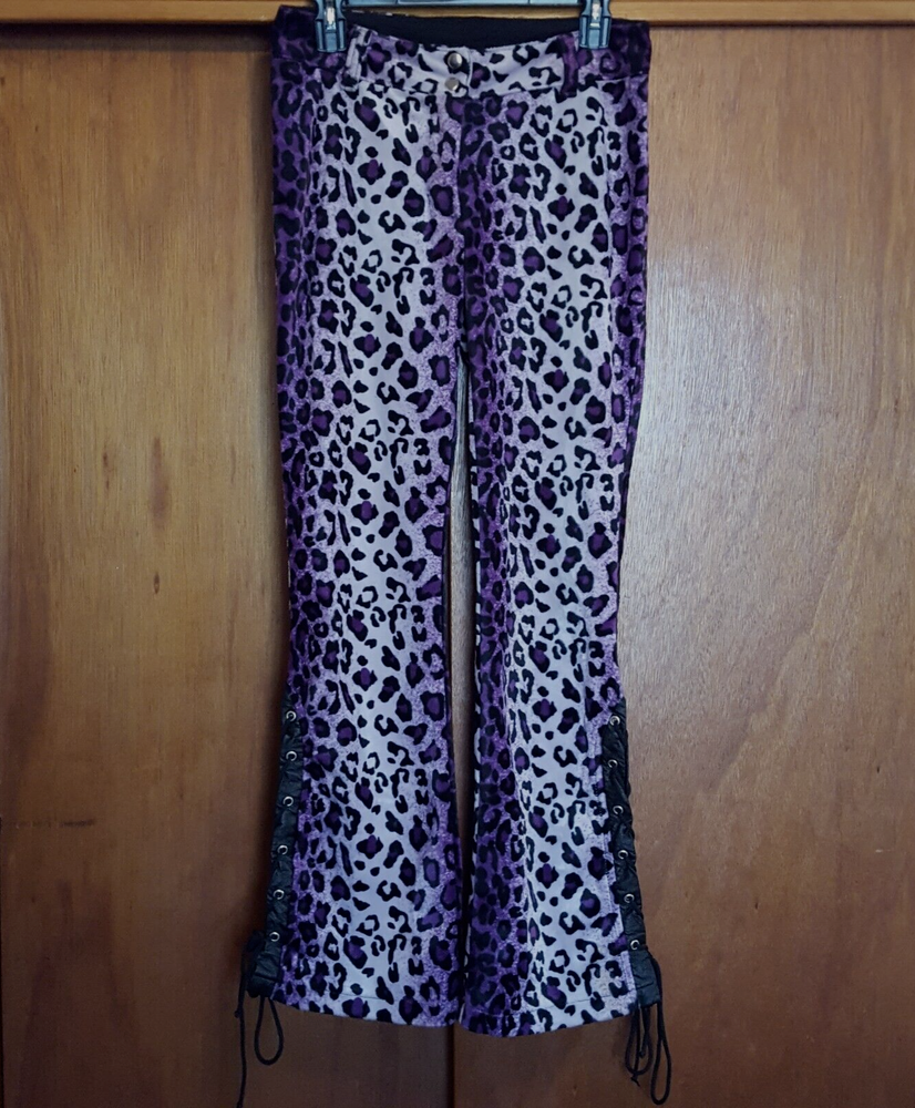 Lip Service Womens Pants Leopard Animal Print Purple Black Cream Velour Vintage