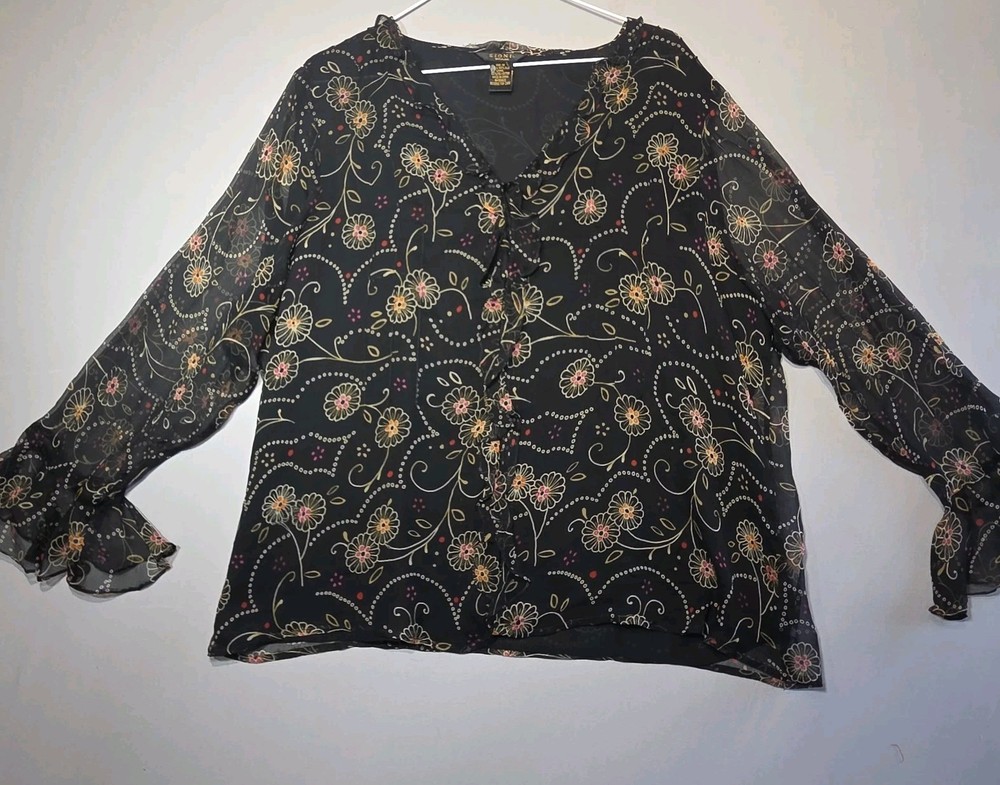 Sioni Woman 1X 100% Silk Floral Blouse Black Ruffle Front Sheer 3/4 Sleeve