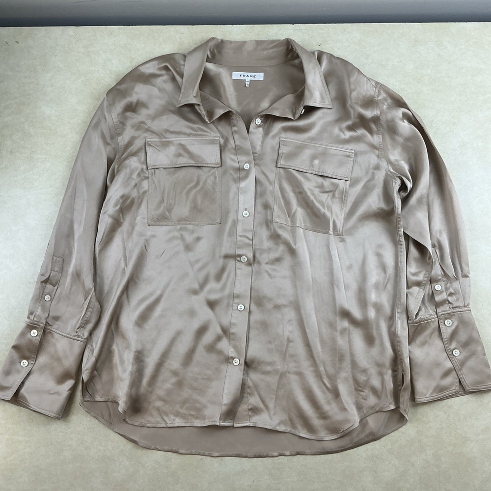 Frame Women's Standard Stretch Silk Satin Collared Button Down Long Sleeve Sz L