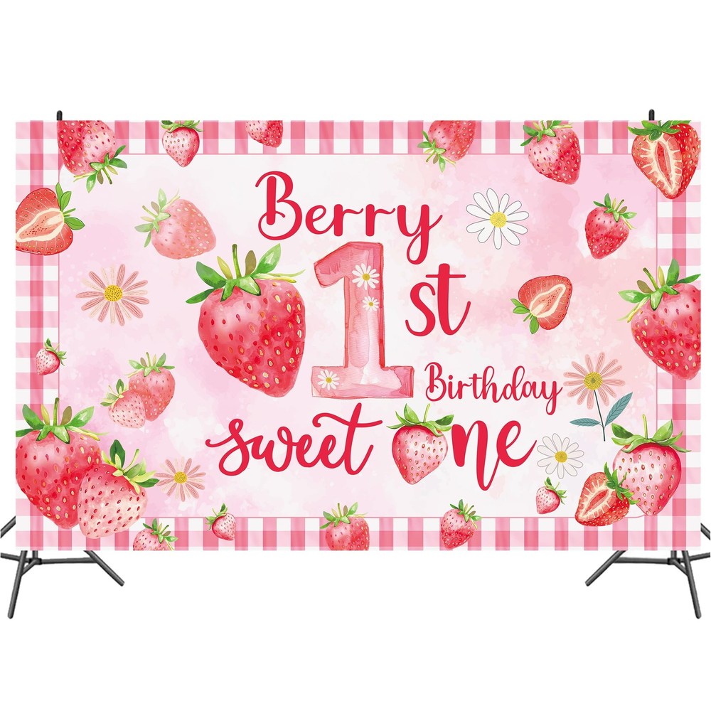 Strawberry 1st Birthday Backdrop 7x5 Ft Pink Red Berry Party Decoration