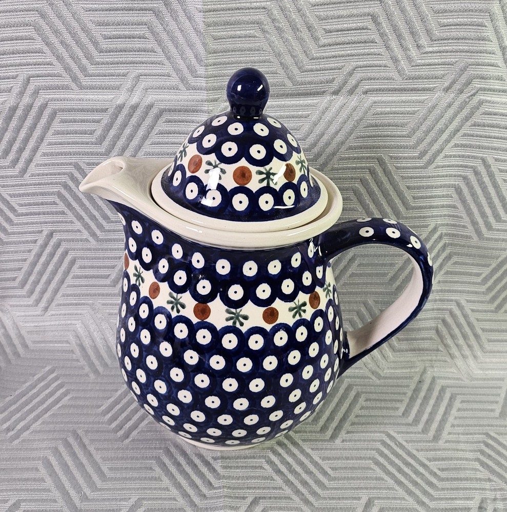Boleslawiec Polish Pottery Blue Rose Pattern Tea Pot Coffee Pot W/ Lid EUC