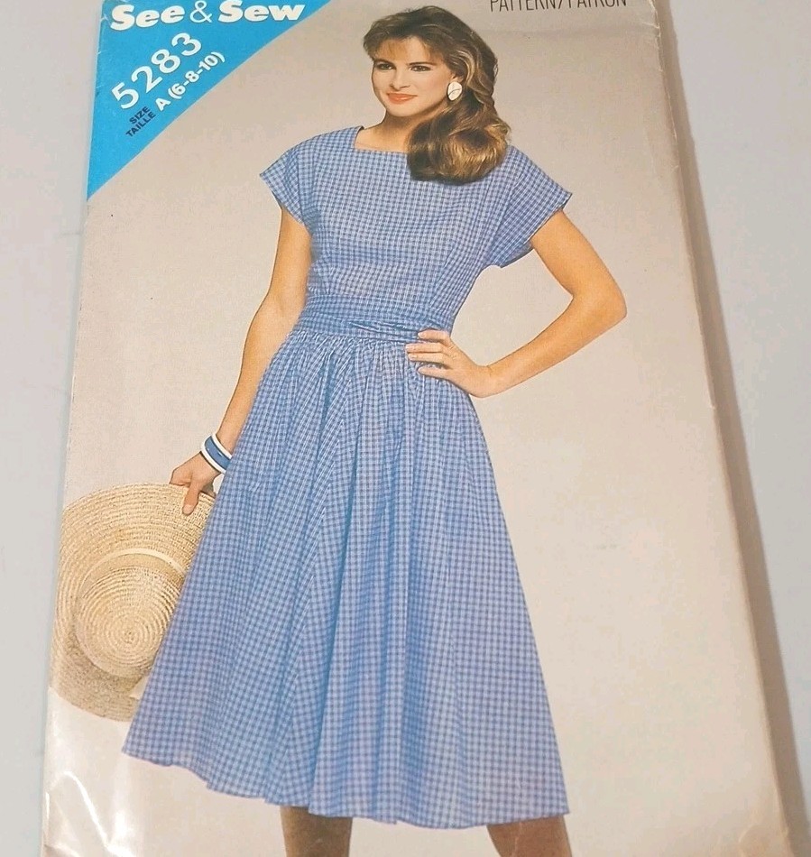 Uncut FF Size 6-10 Misses 1980s Dress Sewing Pattern A Line Dress With Waist Tie