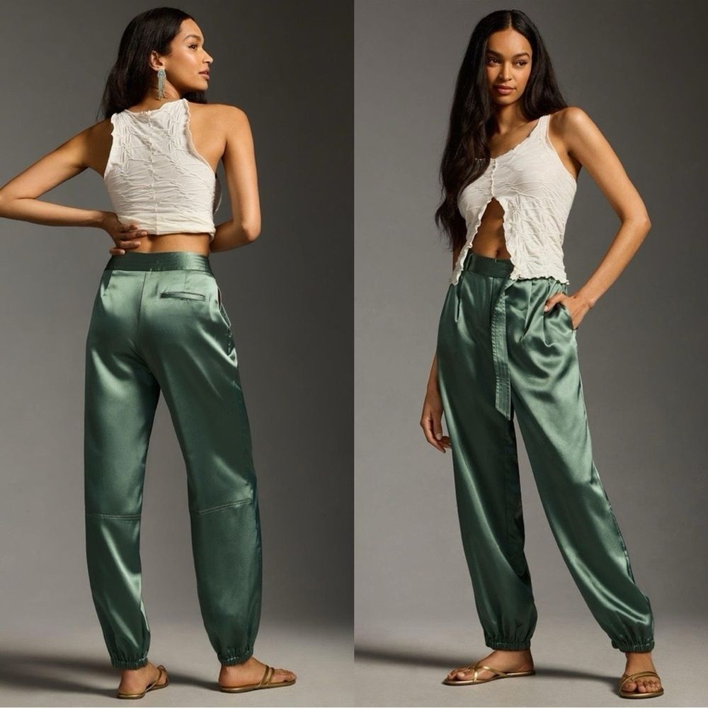 Anthropologie Maeve Parachute Satin Jogger Belted Green Pants Size 14